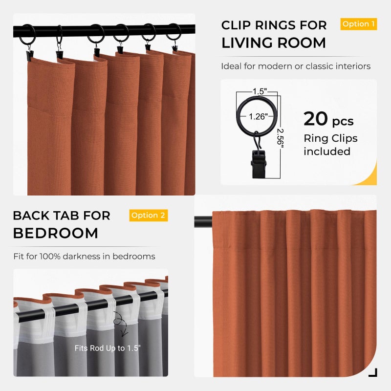 INOVADAY 100% Blackout Curtains for Bedroom, Black Out Curtains 84 Inch Long, Clip Rings Linen Blackout Drapes, Thermal Insulated Room Darkening for Living Room, 2 Panels - Orange,W50xL84 - Image 3