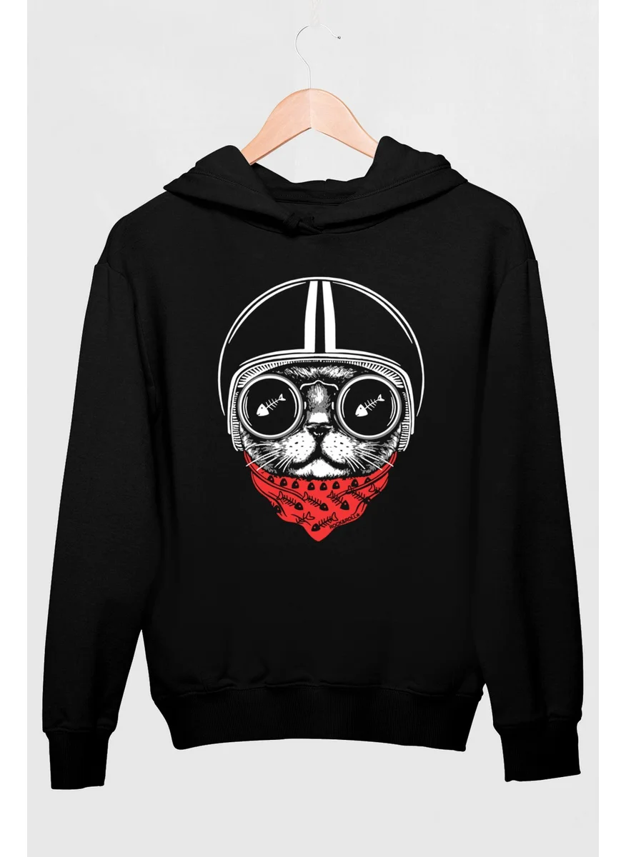 روك اند رول Helmet Cat Black Hooded Thick Men's Sweatshirt