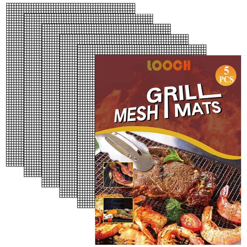 LOOCH BBQ Mesh Grill Mat Set of 5 - Heavy Duty Nonstick Mesh Grilling Mats & Barbecue Accessories - Reusable and Easy to Clean - Works on Gas, Charcoal, Electric Grill and More - 15.75 x 13 Inch - Image 1