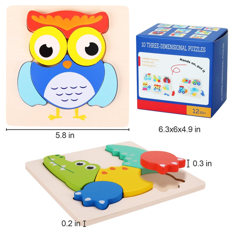 QZMTOY Toddler Puzzles 10 Pack Wooden Puzzles for Toddlers,Montessori Puzzles for 1-3 2-4 Year Old,Infant Baby Learning Toys,Animal Vehicle Shape Jigsaw Puzzles Gift for Boys Girls-Large 3D Blocksâ€¦ - Image 3