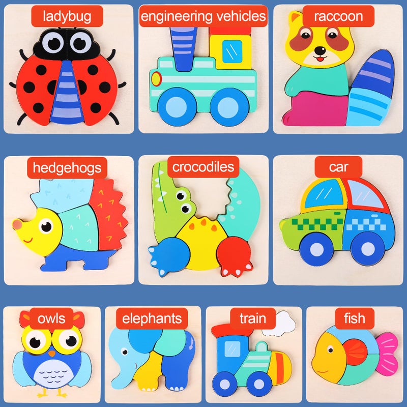QZMTOY Toddler Puzzles 10 Pack Wooden Puzzles for Toddlers,Montessori Puzzles for 1-3 2-4 Year Old,Infant Baby Learning Toys,Animal Vehicle Shape Jigsaw Puzzles Gift for Boys Girls-Large 3D Blocksâ€¦ - Image 5