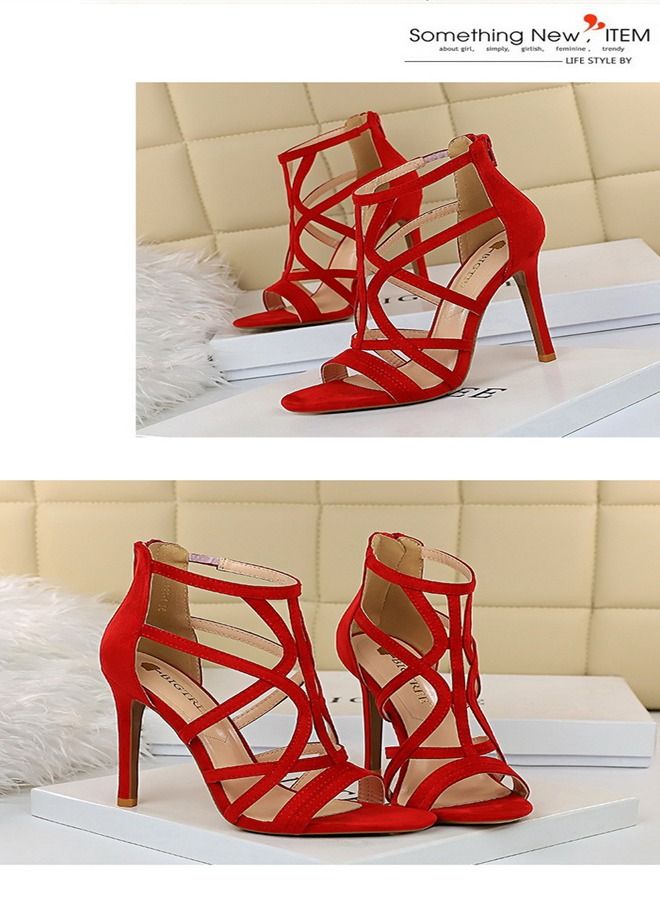 BIGTREE Suede Cut-Out High-Heeled Sandals 11CM Red  - Image 2