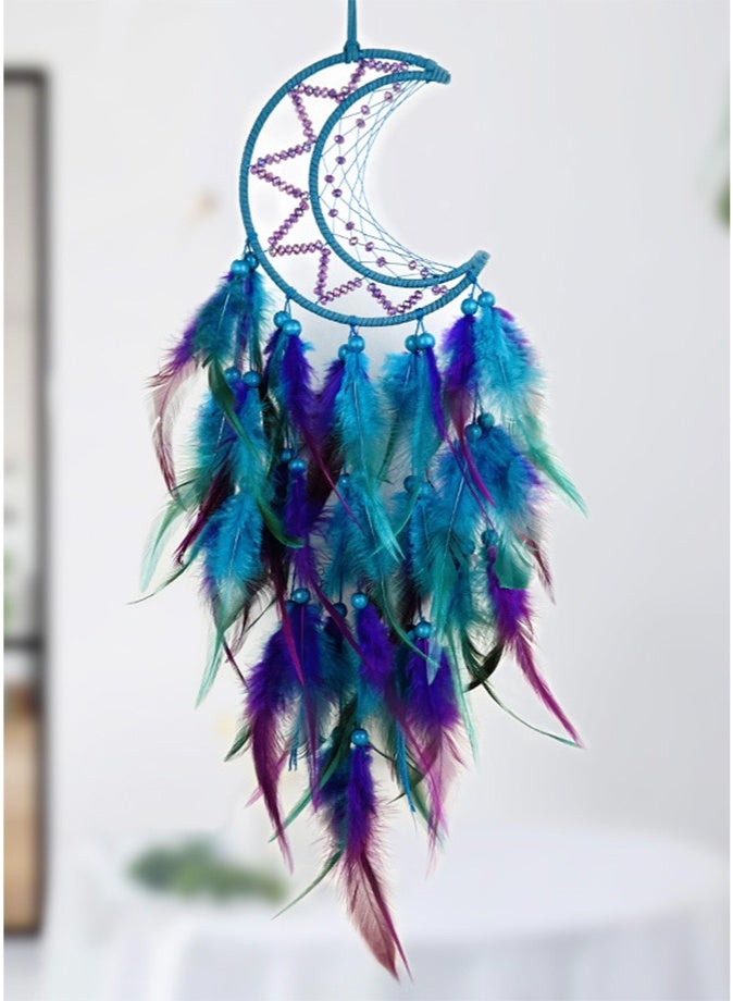ليانغ سان تشي شبكة أحلام على شكل قمر مزينة بالريش الملون واللؤلؤ - زينة جدارية مصنوعة يدويًا لغرفة النوم، زخرفة منزلية على الطراز البوهيمي، هدية للفتاة - Image 1