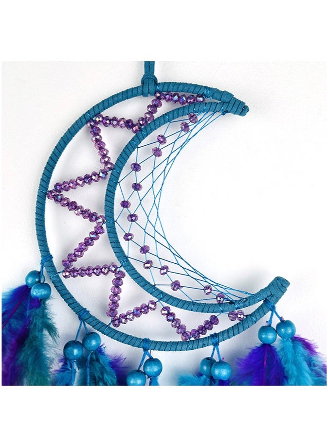 ليانغ سان تشي شبكة أحلام على شكل قمر مزينة بالريش الملون واللؤلؤ - زينة جدارية مصنوعة يدويًا لغرفة النوم، زخرفة منزلية على الطراز البوهيمي، هدية للفتاة - Image 2