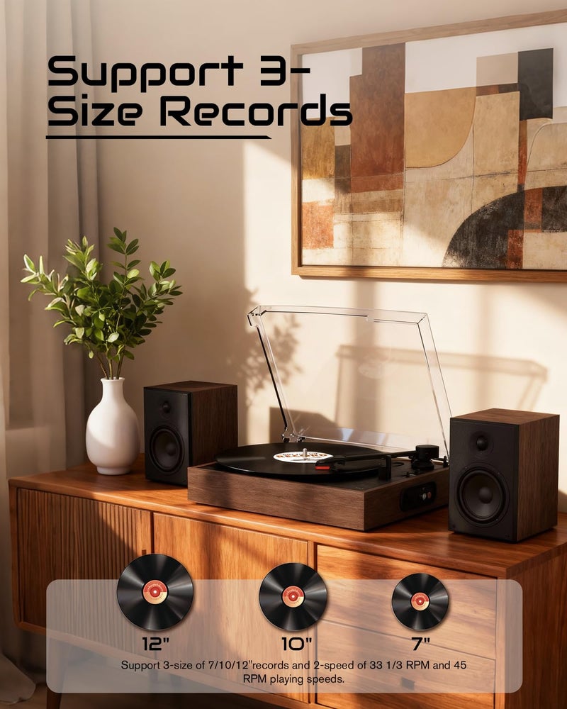 Retrolife Vinyl Record Player with External Stereo Speakers Vintage Turntable for Vinyl Records LP Players Support Wireless Playback 2 Speed Auto Stop RCA Out Walnut - Image 4