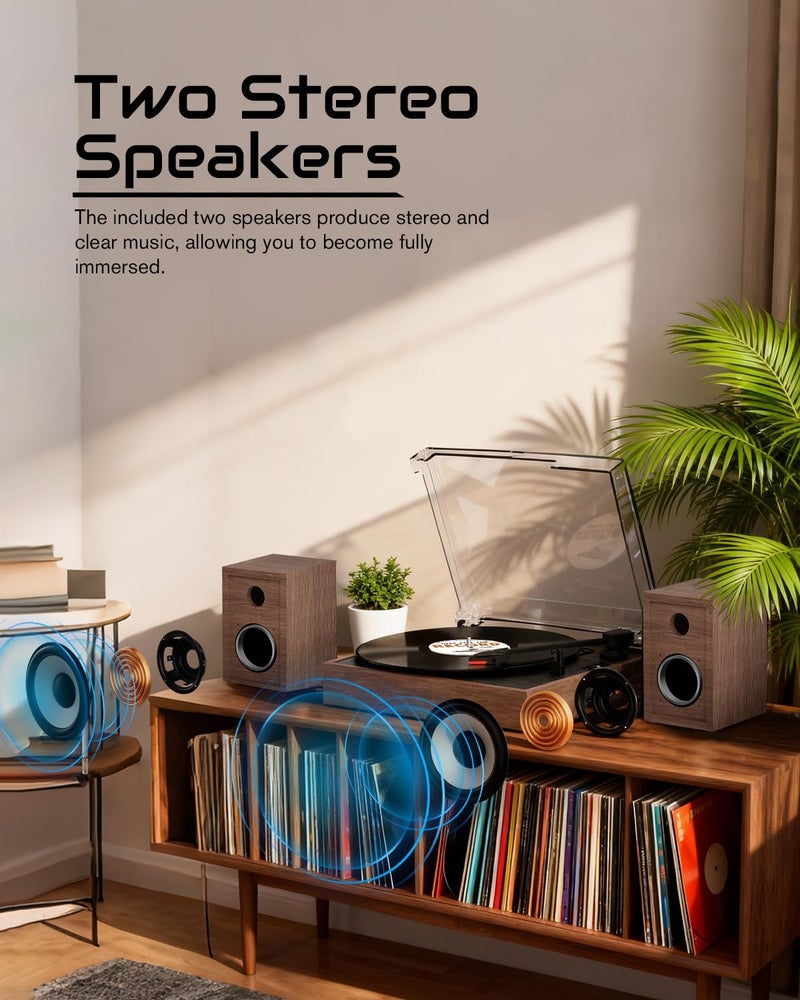 Retrolife Vinyl Record Player with External Stereo Speakers Vintage Turntable for Vinyl Records LP Players Support Wireless Playback 2 Speed Auto Stop RCA Out Walnut - Image 2