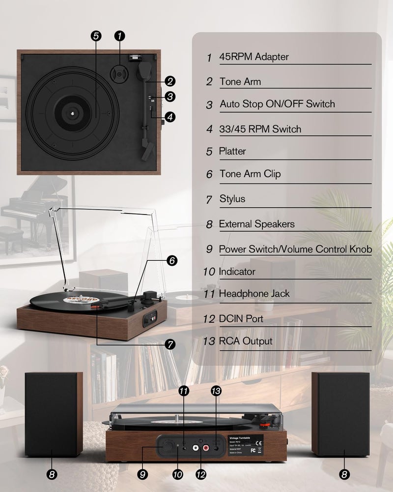 Retrolife Vinyl Record Player with External Stereo Speakers Vintage Turntable for Vinyl Records LP Players Support Wireless Playback 2 Speed Auto Stop RCA Out Walnut - Image 5
