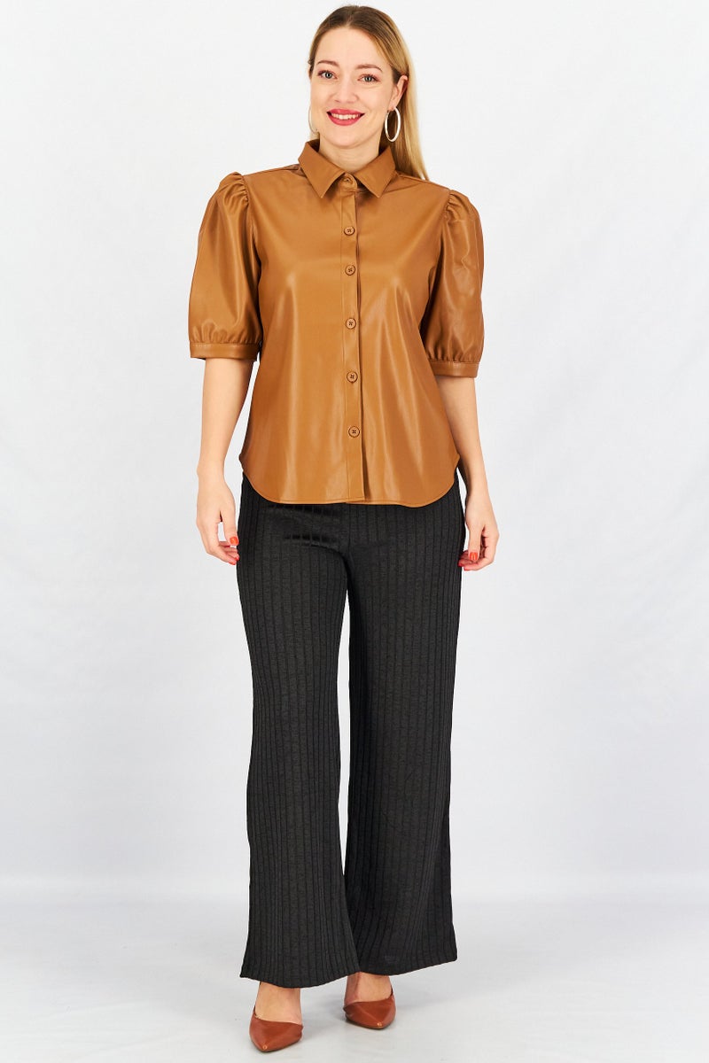 BB Dakota Women Spread Collar Puffed Sleeve Faux Leather Blouse, Tan - Image 3