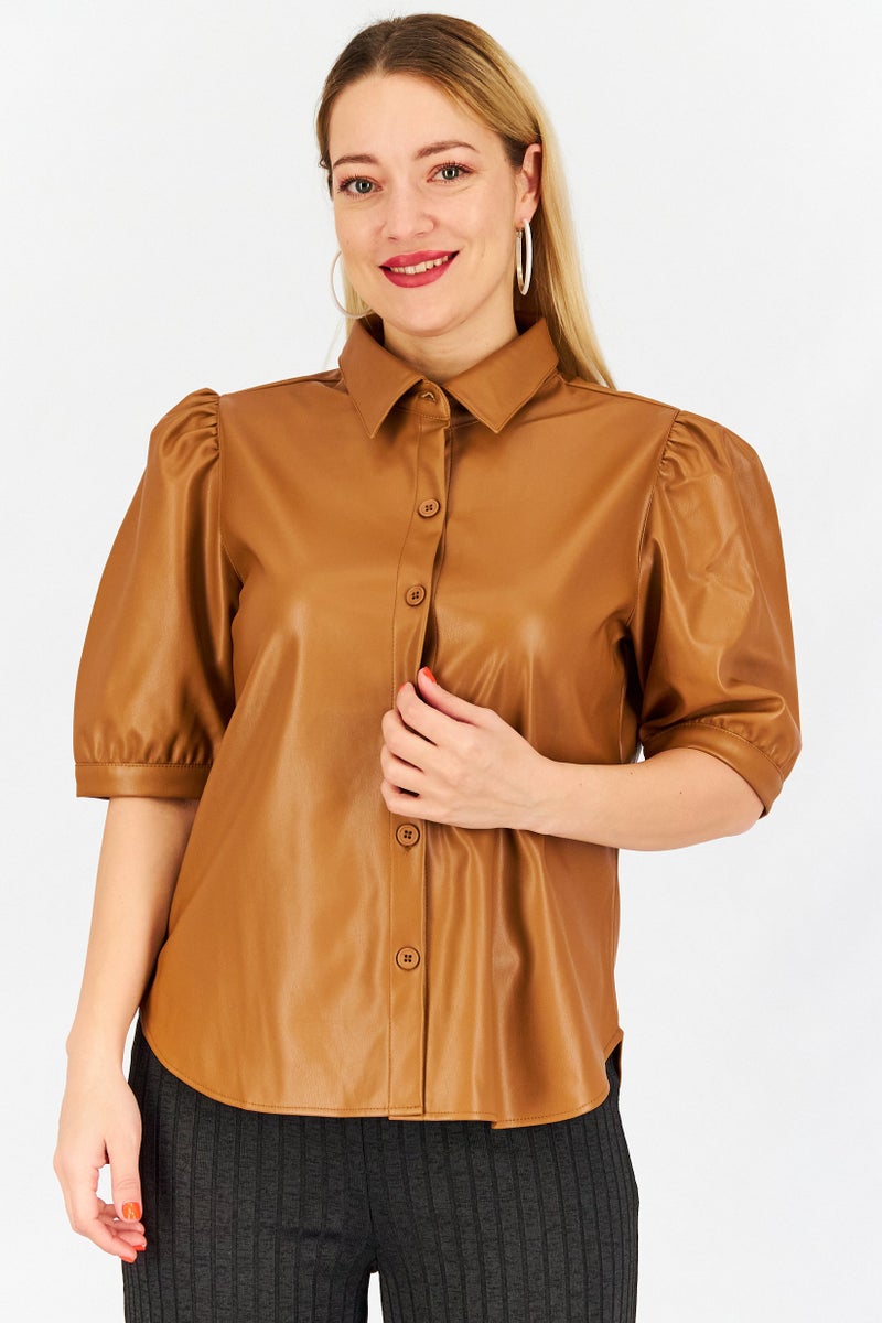 BB Dakota Women Spread Collar Puffed Sleeve Faux Leather Blouse, Tan - Image 1