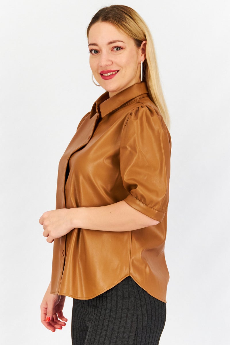 BB Dakota Women Spread Collar Puffed Sleeve Faux Leather Blouse, Tan - Image 4
