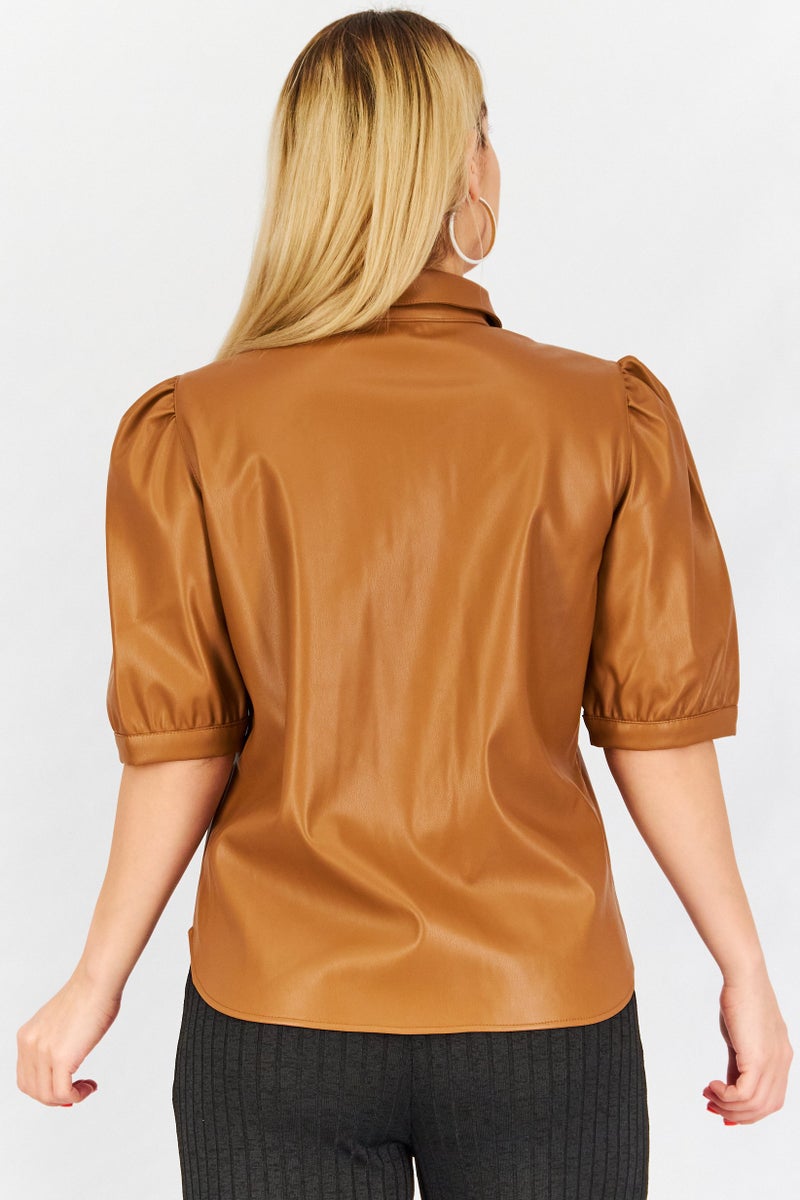 BB Dakota Women Spread Collar Puffed Sleeve Faux Leather Blouse, Tan - Image 2