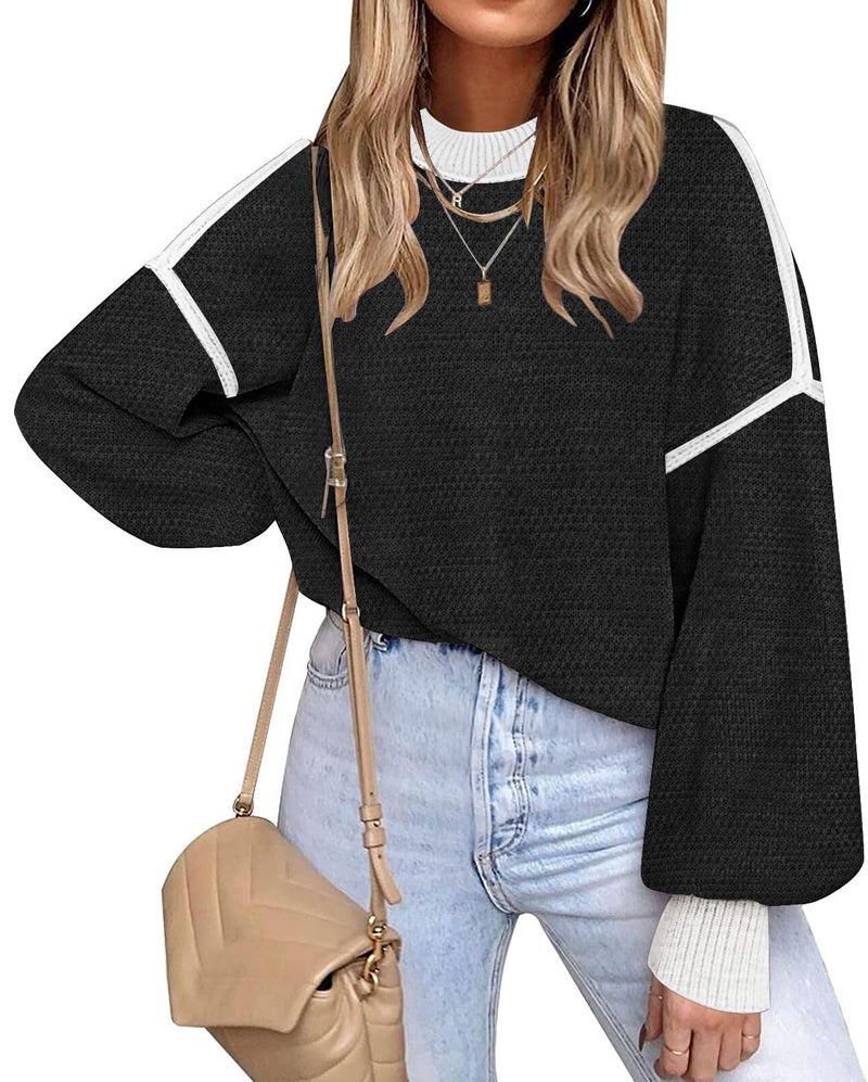 Disamer Fall Clothes for Women 2026 Trendy Fashion Oversized Sweaters Color Block Long Sleeve Knited Pullover Tops Winter Outfits,Black,X-Large - Image 1