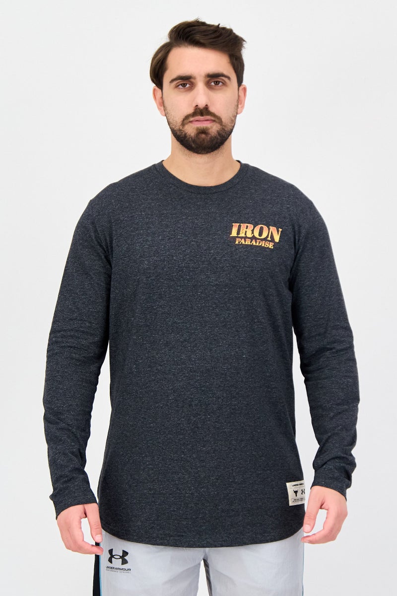 UNDER ARMOUR تي شيرت رجالي فضفاض بأكمام طويلة للخارج، رمادي داكن - Image 1