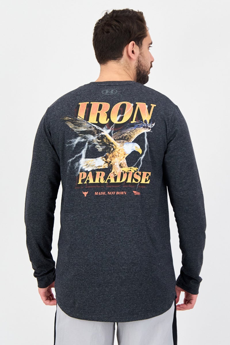 UNDER ARMOUR تي شيرت رجالي فضفاض بأكمام طويلة للخارج، رمادي داكن - Image 3