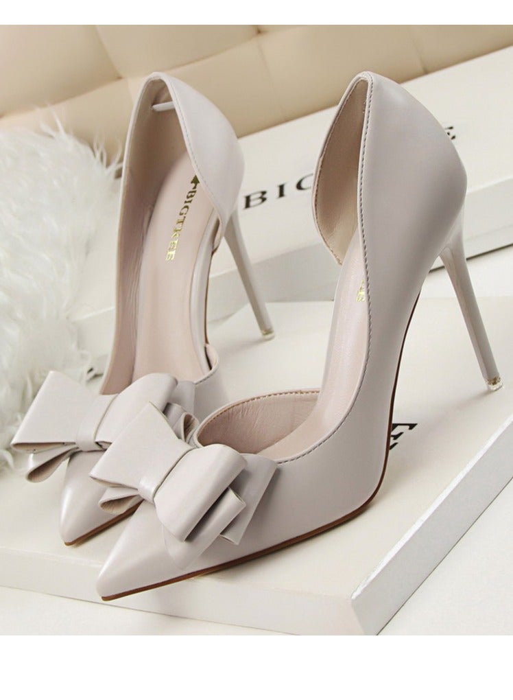 بيج تري Women's Side Hollow Stiletto Pumps With Bow Knot 10.5 CM Elegant Gorgeous Closed Pointed Toe Slip On Solid High Heels Gray - Image 1