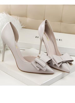 BIGTREE Women's Side Hollow Stiletto Pumps With Bow Knot 10.5 CM Elegant Gorgeous Closed Pointed Toe Slip On Solid High Heels Gray  - Image 2