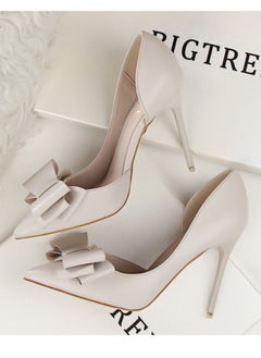 BIGTREE Women's Side Hollow Stiletto Pumps With Bow Knot 10.5 CM Elegant Gorgeous Closed Pointed Toe Slip On Solid High Heels Gray  - Image 3
