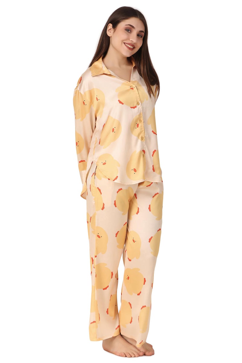 Masha Satin Women Over-Size-Red-Heart Night Suit Top & Pyjama Set (Large, Yellow) - Image 3
