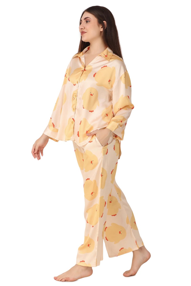Masha Satin Women Over-Size-Red-Heart Night Suit Top & Pyjama Set (Large, Yellow) - Image 2