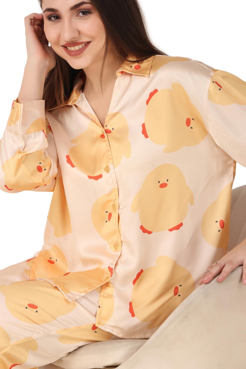 Masha Satin Women Over-Size-Red-Heart Night Suit Top & Pyjama Set (Large, Yellow) - Image 5