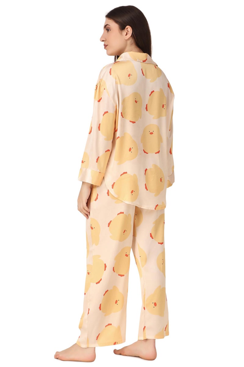 Masha Satin Women Over-Size-Red-Heart Night Suit Top & Pyjama Set (Large, Yellow) - Image 4
