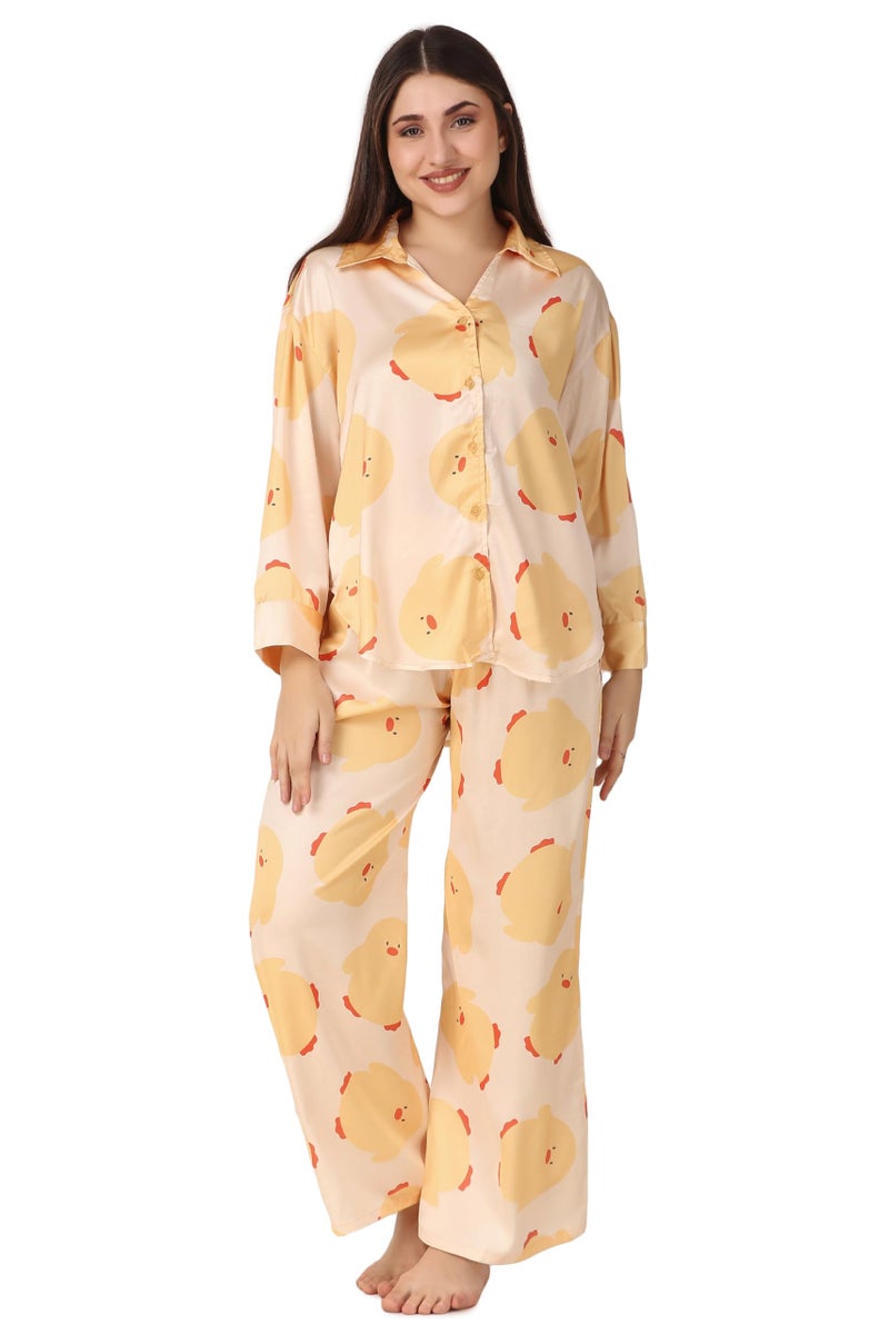 Masha Satin Women Over-Size-Red-Heart Night Suit Top & Pyjama Set (Large, Yellow) - Image 1
