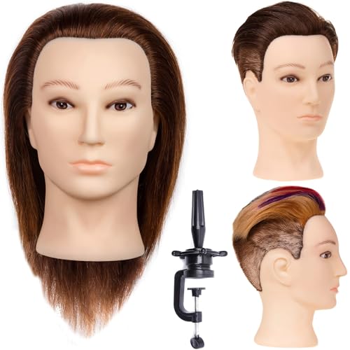 Stancia Mannequin Head, Male Mannequin Head with 100% Human Hair, 14" Barber Hairdresser Training Doll Manikin Head for Hair Styling and Practice (Dark Brown) - Image 1