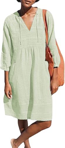 Lafural Womens V Neck Cotton Casual Loose Shift Tunic Smock Summer Dresses Vacation Dress 3/4 Sleeve Pocket Green XL - Image 1