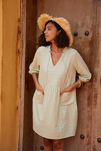 Lafural Womens V Neck Cotton Casual Loose Shift Tunic Smock Summer Dresses Vacation Dress 3/4 Sleeve Pocket Green XL - Image 5