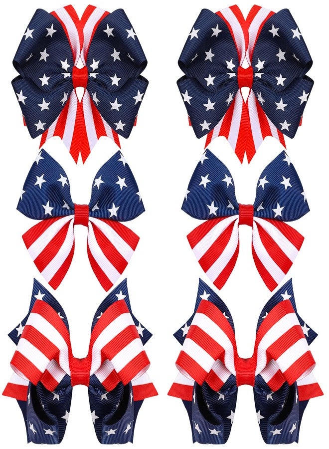 وولاين مجموعة مشابك شعر وايلاين الوطنية المكونة من 6 قطع، مزينة بفيونكات شعر عليها علم أمريكا، باللون الأزرق والأحمر والأبيض والنجوم والخطوط، إكسسوارات شعر للاحتفال بيوم الاستقلال ويوم الذكرى، 3 تصاميم - Image 1