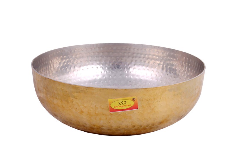 SHIV SHAKTI ARTS Shiv Shakti Arts® Brass Big Size Kachola/Handi Set/Serving Kadhai Set - for Serving & Cooking Food (3 Liter, Insight Nickle Plated Hammered Design)  - Image 1