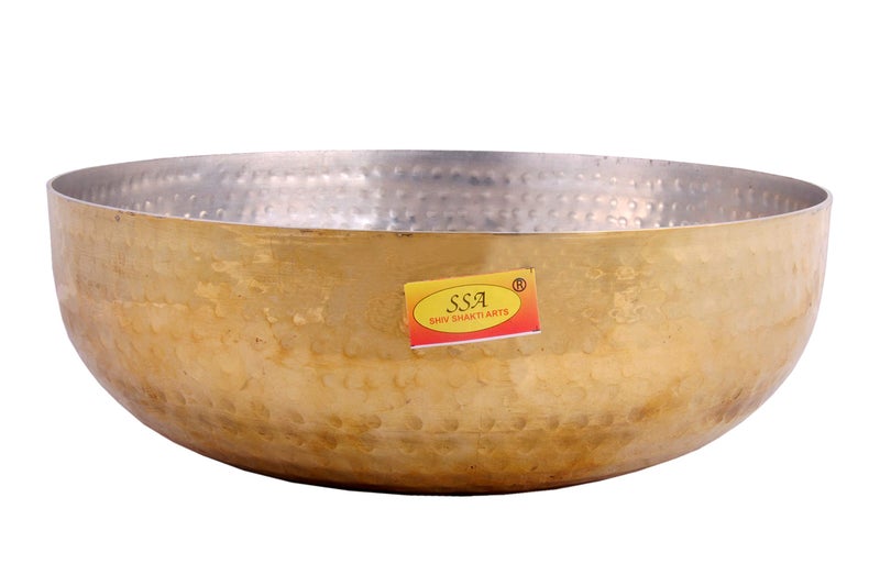 SHIV SHAKTI ARTS Shiv Shakti Arts® Brass Big Size Kachola/Handi Set/Serving Kadhai Set - for Serving & Cooking Food (3 Liter, Insight Nickle Plated Hammered Design)  - Image 3