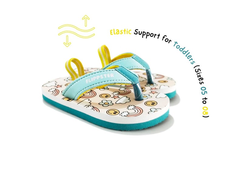 Flipster Toddler Flip Flops with Cute Rainbow Smiley Design, Light Cyan and Yellow. - Image 5