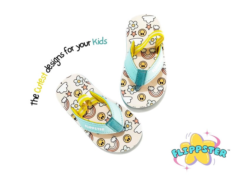 Flipster Toddler Flip Flops with Cute Rainbow Smiley Design, Light Cyan and Yellow. - Image 2