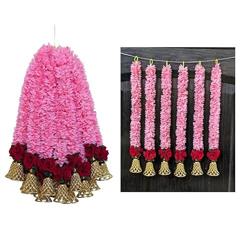 Afarza Toran Garland for Door Entrance Wedding Handemade Festival Home Decoration with Red Rose Bell Backdrop Pooja Gift 18 Inch 6 Pieces (Pink) - Image 1
