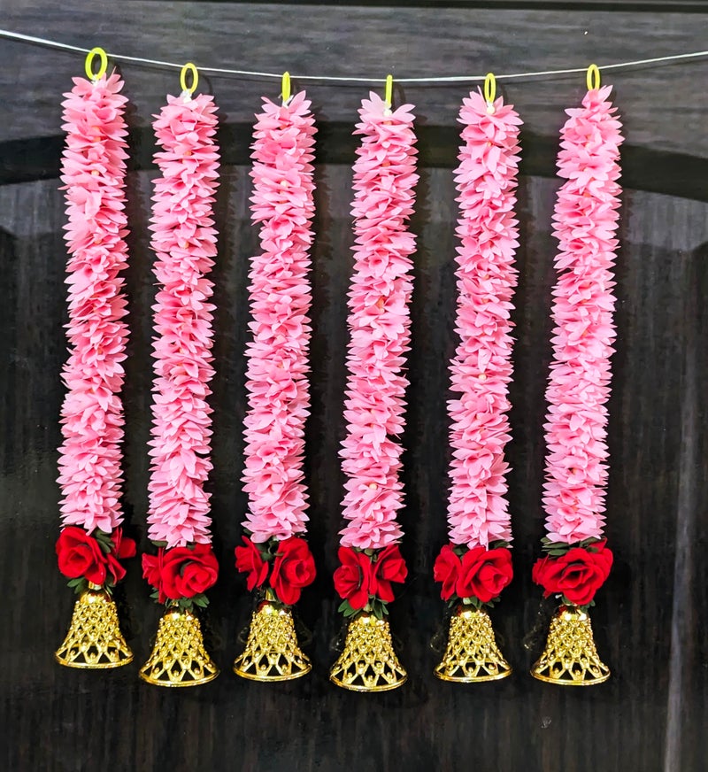 Afarza Toran Garland for Door Entrance Wedding Handemade Festival Home Decoration with Red Rose Bell Backdrop Pooja Gift 18 Inch 6 Pieces (Pink) - Image 2