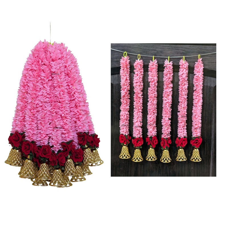 Afarza Toran Garland for Door Entrance Wedding Handemade Festival Home Decoration with Red Rose Bell Backdrop Pooja Gift 18 Inch 6 Pieces (Pink) - Image 5