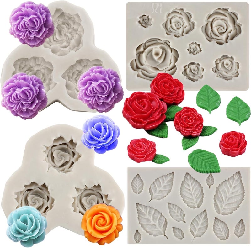 Sijiangmold Rose Flower Candy Mold Leaf Fondant Molds Peony Flowers Silicone Molds For Cake Decorating Cupcake Topper Candy Chocolate Gum Paste Set Of 4 - Image 1