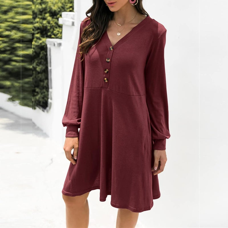 cheekyglo V Neck Sundresses for Women Loose Long Sleeve Waist Tie Mini Dresses Classic Casual Work Wrap Dress - Image 1