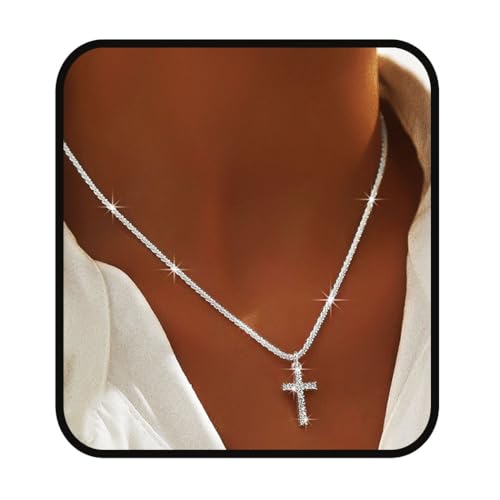 Yalice 925 Sterling Silver Layered Necklace for Women Waterproof Cross Pendant Necklace Chain Dainty Silver Sparkle Crystal Fashion Choker Neck Jewelry Gifts (Single Layer-Cross) - Image 1