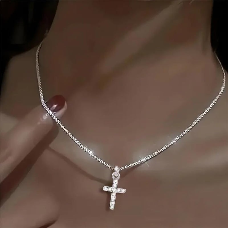 Yalice 925 Sterling Silver Layered Necklace for Women Waterproof Cross Pendant Necklace Chain Dainty Silver Sparkle Crystal Fashion Choker Neck Jewelry Gifts (Single Layer-Cross) - Image 5