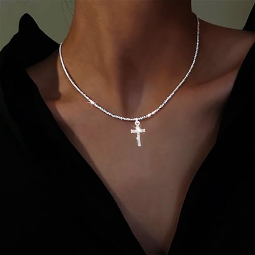 Yalice 925 Sterling Silver Layered Necklace for Women Waterproof Cross Pendant Necklace Chain Dainty Silver Sparkle Crystal Fashion Choker Neck Jewelry Gifts (Single Layer-Cross) - Image 3