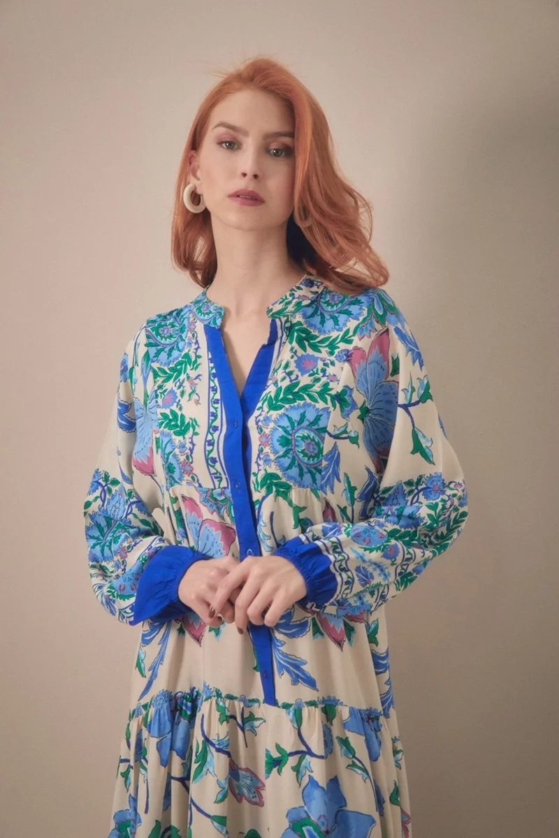 FullaModa Printed Dress with Elastic Sleeves