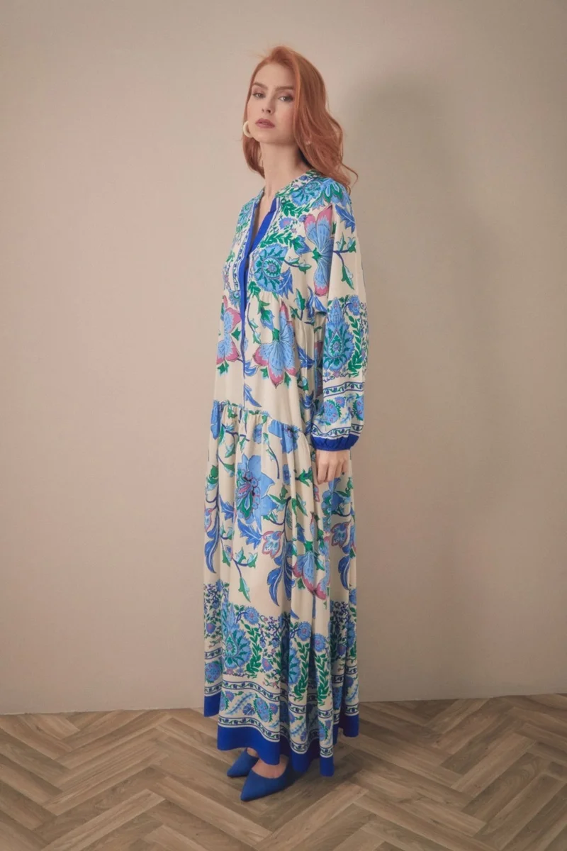 FullaModa Printed Dress with Elastic Sleeves