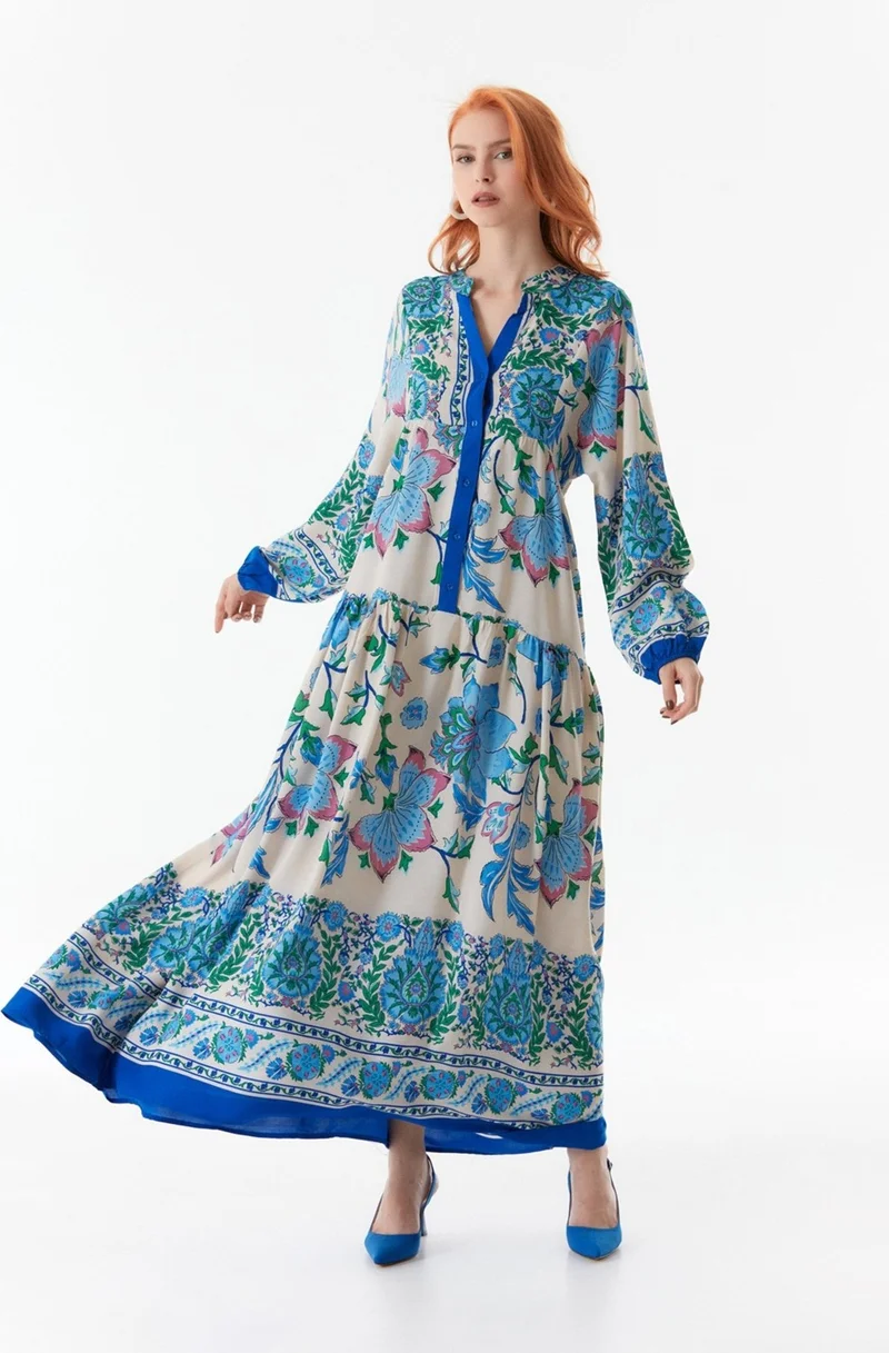 FullaModa Printed Dress with Elastic Sleeves