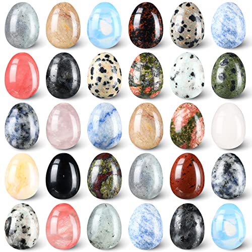 Nuenen Nuenen 30 Pieces Worry Stones Egg Rock Crystal Gemstone Polished Mineral Rock Egg Stones Pocket Palm Chakra Crystal for Anxiety Relief Meditation Reiki Balancing Easter DecorClassic Color 