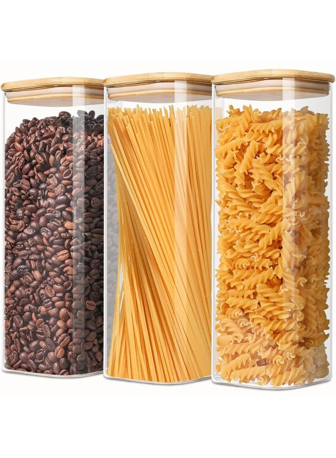 VIEWELLD 2.2 Qt Square Glass Storage Containers with Lids, Clear Food Storage Container Jar with Sealing Bamboo Lid Storage Containers for Pasta, Oats, Coffee, Flour, Sugar, Square Set-3Pack - Image 1