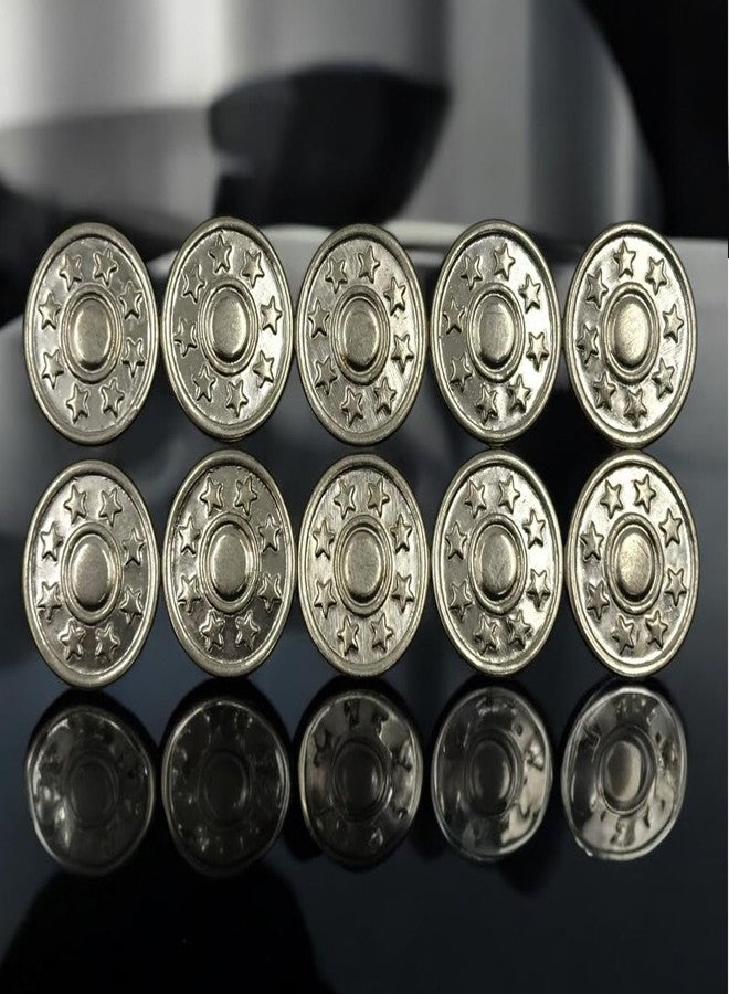 Reena Imported 10 pc Silver Star Set No-Sew Metal Pattern Tack Snap Jeans Star Buttons Silver Color 17mm - Image 1