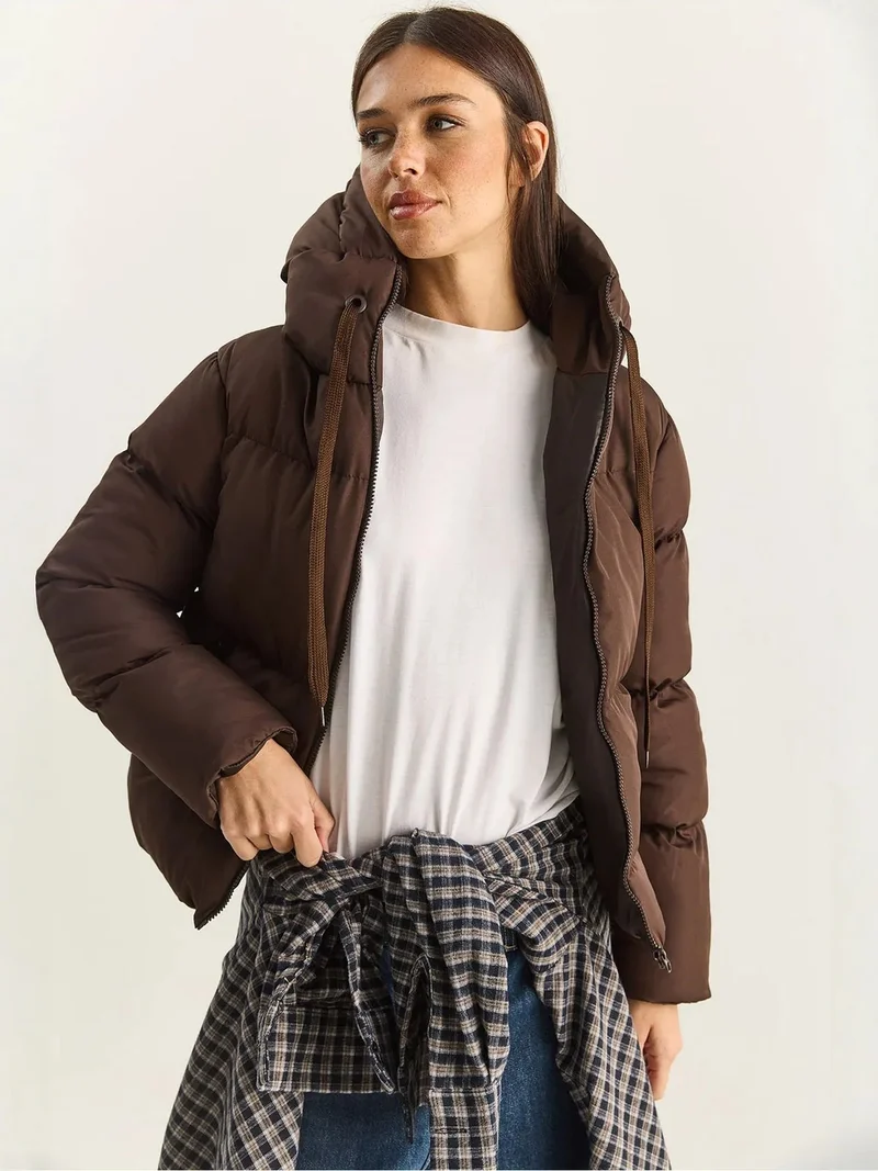 Bianco Lucci Dark Mocha Brown LUCCI Hooded Puffer Coat for Women | Best Price UAE