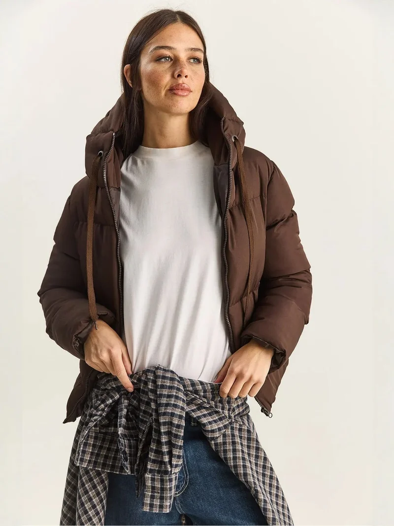 Bianco Lucci Dark Mocha Brown LUCCI Hooded Puffer Coat for Women | Best Price UAE